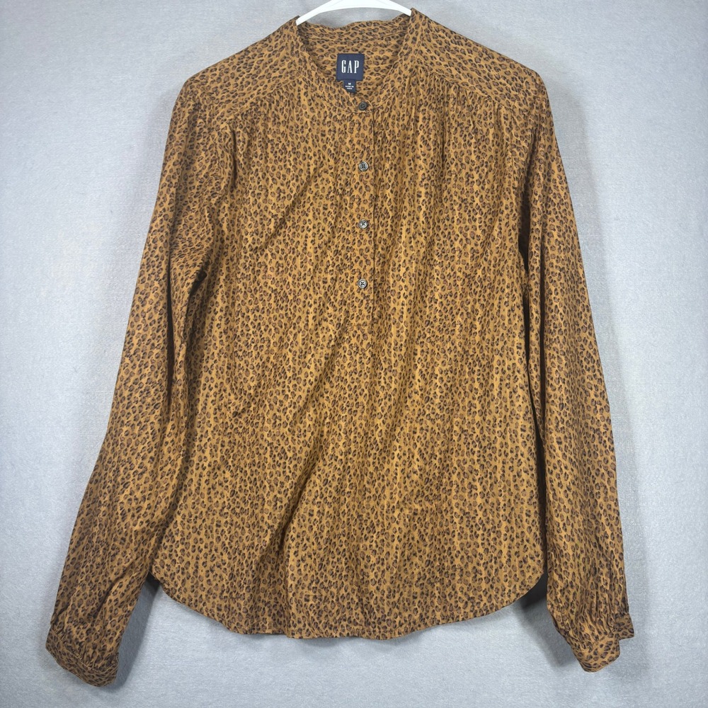 GAP Womens Blouse M Leopard Print‎ Brown Band Collar Lightweight Cotton